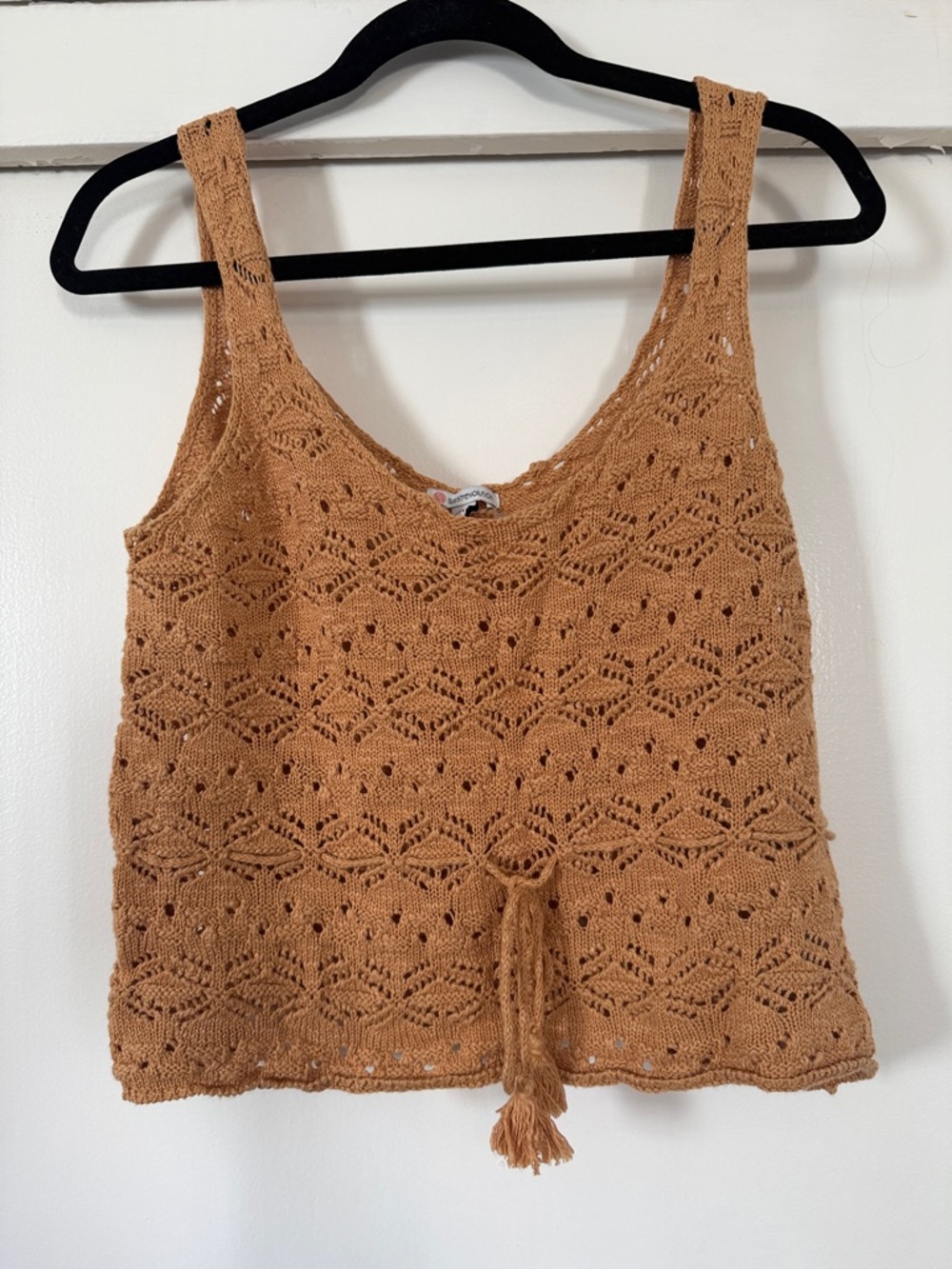 Crochet Sweater Tank Top in Camel Tan with Tassel Tie Waist Small